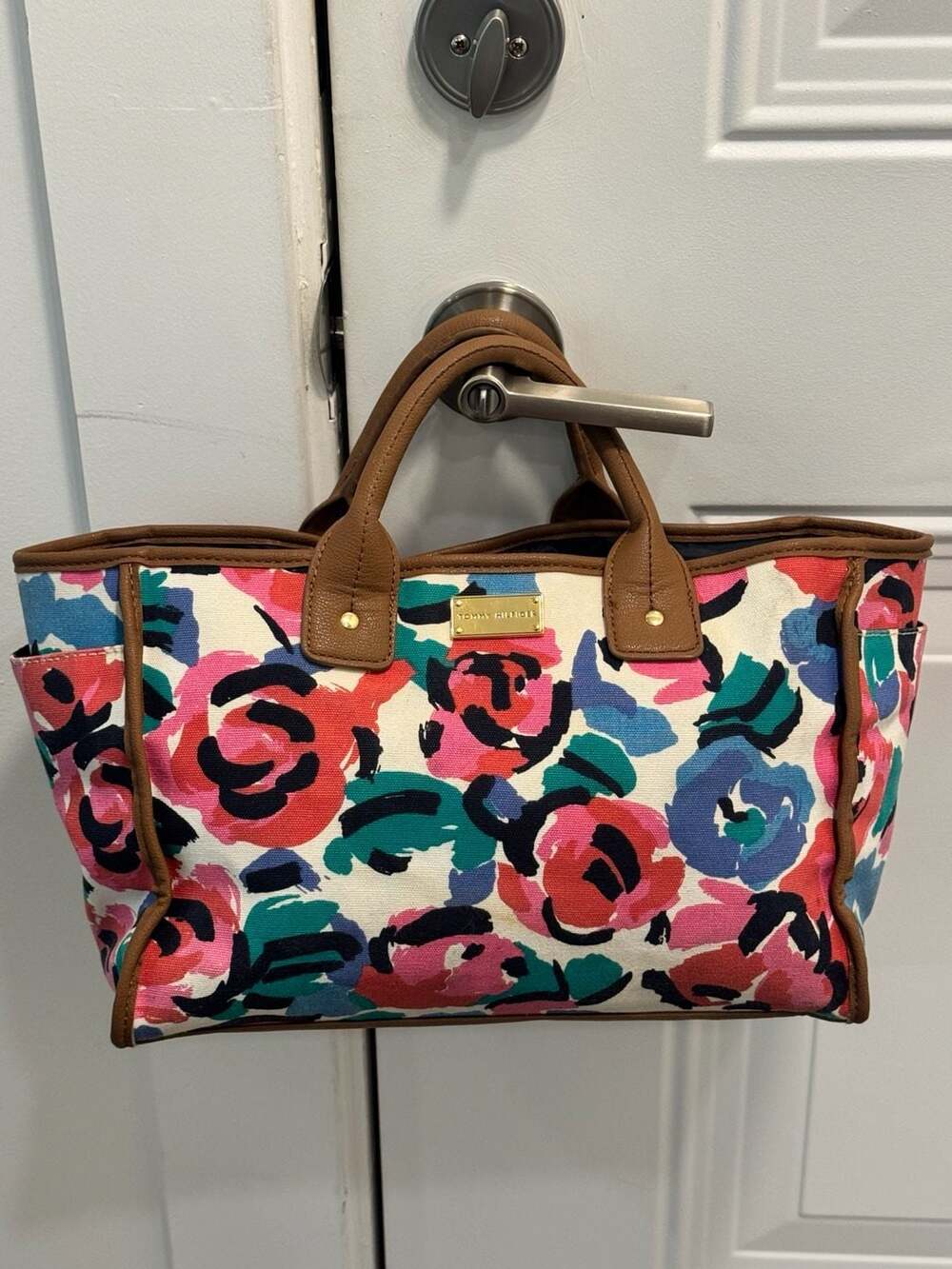 Tommy Hilfiger Floral Canvas Tote Bag Leather Trim Travel Beach Purse